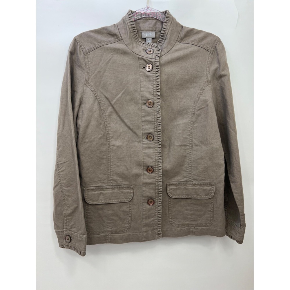 J Jill‎ Brown Linen Ruffled Edges Jacket Blazer Button Up Womens Size Small S
